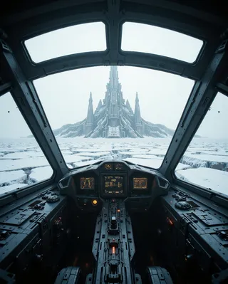 View from inside a spaceship cockpit flying low over icy terrain towards a massive futuristic snowy city with a closed dirty canopy.