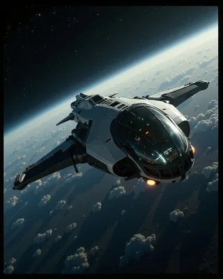 A colossal science fiction gunship spacecraft with a gunmetal dark and white hull flying in deep space above a planet, cockpit canopy reflecting stars, with active thrusters and dramatic film grain effect.