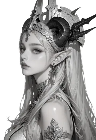 Monochrome portrait of an elf with long white hair, detailed horns, elaborate jewelry, and a castle-like headpiece, shown from the side against a white background.
