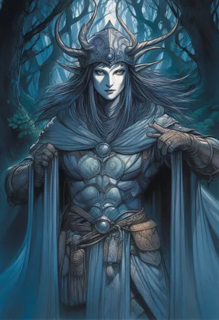 Intricately detailed fantasy illustration of a wood elf druid wearing antlered armor and cloak, set against a dark forest background with cinematic lighting.