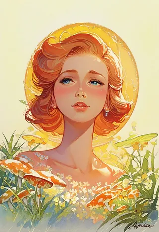 Portrait of a retro-styled girl with expressive facial features, surrounded by a vibrant mushroom forest under golden hour lighting.