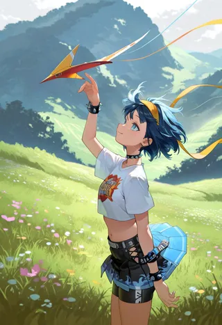 A girl with short blue hair wearing a yellow headband and a crop top flying a yellow kite on a grassy hill with flowers and mountain scenery in the background.