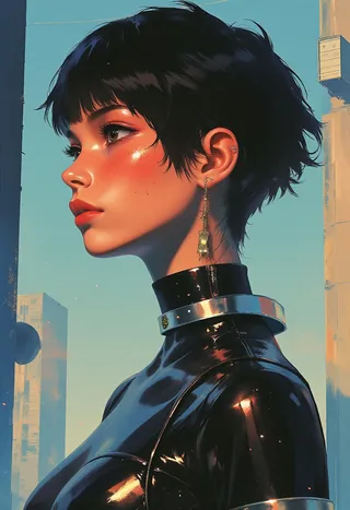 Highly detailed digital illustration of an anime-inspired young woman with black pixie cut wearing a glossy black bodysuit and metallic collar under cinematic lighting.