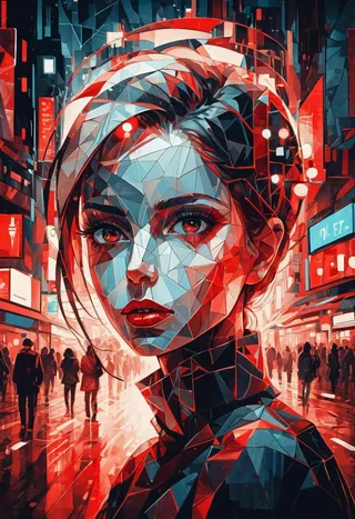 Cubism style portrait of a woman in a night metropolis with traffic lights forming pulse graphics in red and white colors.