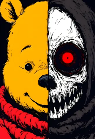 Close-up vertical split portrait of Winnie-The-Pooh face in gothic anime style, left half yellow and cute, right half monochromatic with red eye and skull teeth.