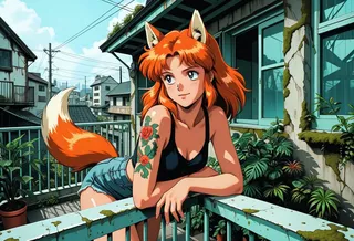 A wolf girl with ginger hair, wolf ears, and a tail leans playfully on a moss-covered balcony railing with a rose arm tattoo, surrounded by plants and foggy buildings in retro anime style.