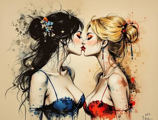 Expressive ink and brushstroke art of two oriental women, one blonde and one dark-haired, wearing blue and red crop tops, sharing a kiss in a sepia tone.