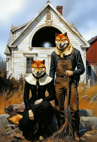 A gothic style classical painting of a stern couple with Shiba Inu dog heads dressed in 1930s attire posing in front of a white wooden farmhouse with overgrown garden and a red barn.
