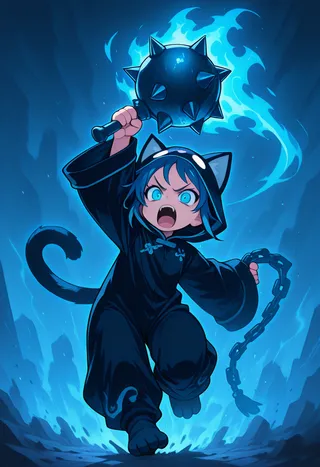 A dynamic portrayal of a cat samurai with blue hair dressed in black Chinese-style clothes and cat onesie, wielding a glowing blue flaming spiked flail in hand, charging forward with fierce expression.
