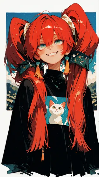 Portrait of a smiling girl with bright red twintails tied with tasseled ribbons, wearing a black top featuring a cat print, rendered in a surreal, painterly oil painting style.