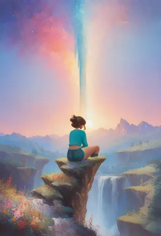 A woman with brunette hair in an aqua tee shirt and cut-off jean shorts sitting on a rocky mountain ledge overlooking a valley with waterfalls and distant hills during a colorful surreal sunset.