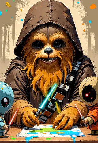 Chewbacca dressed as a kindergarten art teacher surrounded by toddler aliens finger-painting Jedi scenes with paint splatters and holding colorful lightsabers in a preschool animation style.