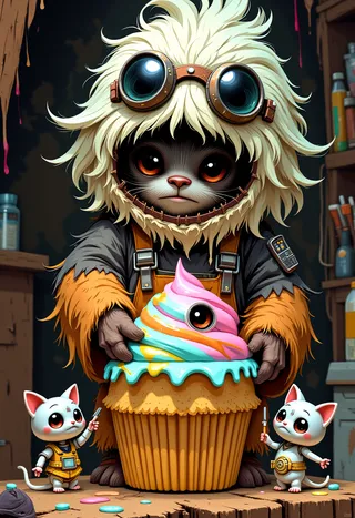 Chibi Wookiee with fluffy fur and oversized goggles holding a pastel-colored cupcake-shaped spaceship surrounded by two small robot kittens in a cozy garage setting.