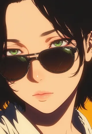 Close-up portrait of a girl with black short hair and green eyes wearing sunglasses, illuminated by golden hour volumetric lighting.