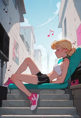 A slender young blonde woman sitting in an alley on stone stairs wearing short black shorts, a white crop top, and pink sneakers, leaning back on a cushion, with music notes floating around a nearby boombox on a sunny day.
