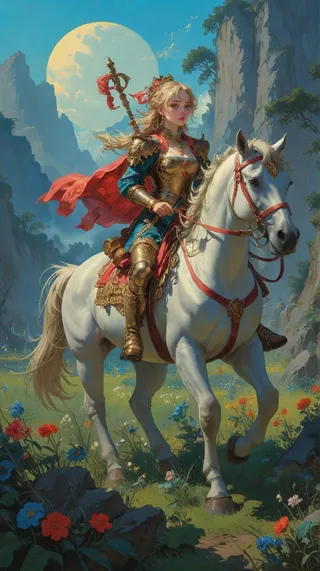 A highly detailed anime-style female knight wearing golden armor and a red cape rides a white horse adorned with ornate armor through a colorful meadow, set against a dramatic mountain landscape with a large full moon in the background.