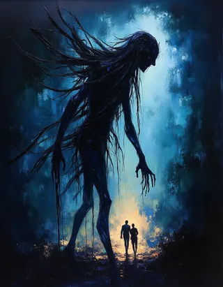 A dark and eerie silhouette of a weird monster with long, billowing tendrils stands against a glowing, misty night background, with two small human figures walking towards the light.