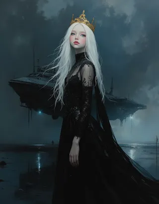 흰 머리가 흩날리고 파란 빛나는 눈을 가진 어린 트윈 프린세스가 금관과 세련된 검은 드레스를 입고 폭풍우 치는 하늘 아래 거대한 어두운 우주선 앞에 서 있다.