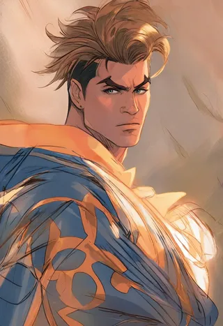 Digital portrait of Luke Sullivan from Street Fighter 6 with dynamic lighting and a detailed blue and orange costume in an aesthetic style