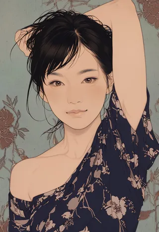 Portrait of a young woman with brown eyes and black hair, wearing a blue floral kimono with an off-shoulder design, standing with one arm raised behind her head in a fish-eye perspective style.