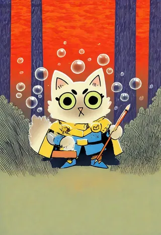 Illustrated cat warrior knight with large eyes wearing cute shoes and a yellow cape, standing in a forest with many bubbles around.