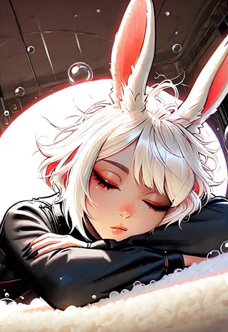 A white-haired rabbit girl with red eyes and uneven bangs sleeps peacefully on her stomach atop a bubble, surrounded by floating bubbles in a gothic glittercore setting with dynamic lighting.