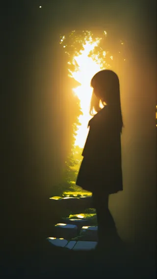 Silhouette of a girl in a school uniform standing on a stone path with strong backlighting and dappled sunlight filtering through surrounding nature.