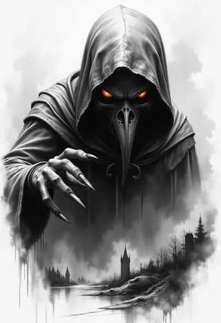 Pencil drawing of a dark hooded figure with glowing orange eyes and a beaked mask, reaching forward with clawed fingers amid mist and gothic towers.