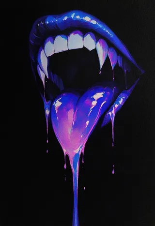 A close-up of a glossy, open mouth with sharp teeth and a blue-purple tongue dripping with liquid against a black background.