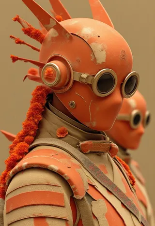 Detailed CGI-rendered sci-fi soldier wearing an orange, worn helmet with round goggles, decorated with fuzzy orange fibers and scavenged armor with visible wear.