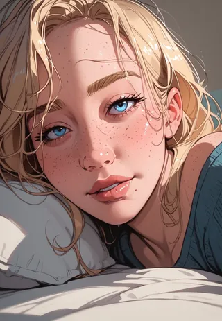Close-up portrait of a blonde girl with blue eyes and freckles lying on a pillow, showing a sensual expression with glossy lips and detailed skin textures.
