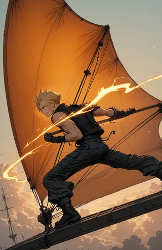 Character with spiked blonde hair and black combat outfit in dynamic pose on a hang glider with an orange sail, surrounded by glowing fiery energy ribbons.