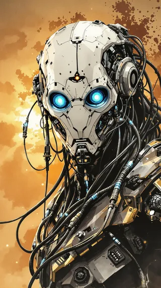 Detailed battle android with a white faceplate and glowing blue optical sensors, surrounded by intricate chrome wires and circuitry against a sepia, sunset-inspired background.
