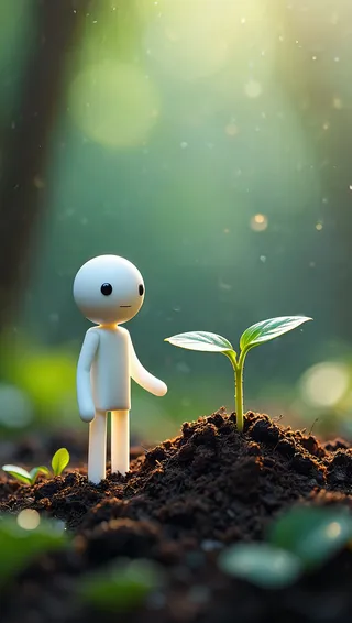 White stick figure character standing beside a young plant sprout growing from dark soil, with natural backlighting and dreamy bokeh background.