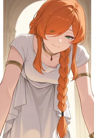 A woman with long orange hair styled in a braided ponytail, wearing an ancient Greek-inspired white dress with armlets and a neck ring, leaning forward with a smug expression and green eyes partially covered by hair.