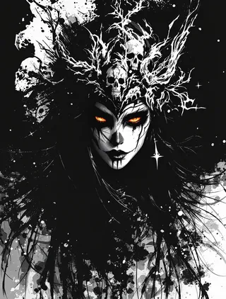 Portrait of an oriental female shaman with long black hair and a skull-themed helmet, ink art featuring black and white face paint and burning bright eyes, surrounded by expressive brushstrokes on a black background.