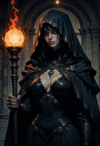 A dark fantasy woman wearing a black hooded cloak and intricate gothic gown holding a staff with a glowing fiery orb illuminating her face.