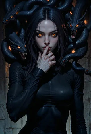 Ilustração digital de fantasia sombria de uma mulher misteriosa com olhos laranja brilhantes, pele pálida, cercada por criaturas serpentes escuras com olhos brilhantes.