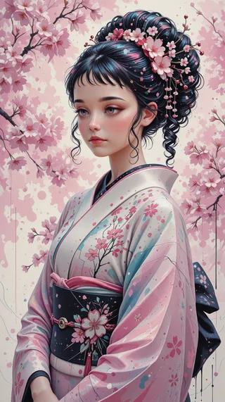 A serene young woman wearing an elegant pink and blue floral kimono, adorned with cherry blossoms in her curly ponytail and traditional hair ornament, set against an ink style background with abstract cherry blossom branches.
