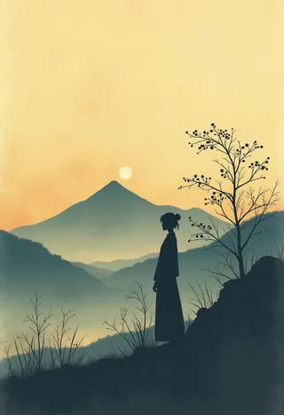 A minimalist Ukiyo-e style landscape featuring silhouetted mountains and a hazy golden horizon with a young woman's silhouette standing quietly beside a branch-covered hill.