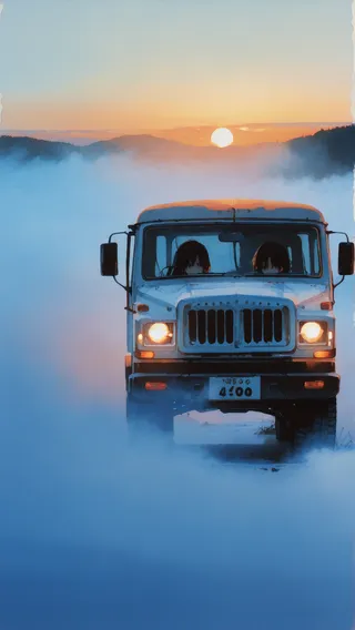 A white truck with two girls inside driving through dense blue fog at sunrise, depicted in a painterly style resembling oil painting.