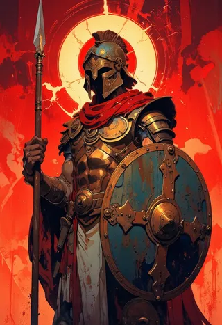 Greek god Ares wearing full Spartan armor with a helmet casting shadow over his face, holding a spear and a battle-worn shield, set against a vibrant red background with a glowing halo.