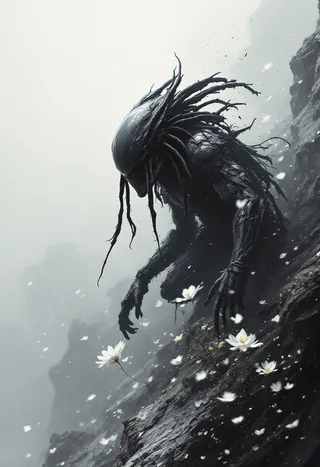 A biopunk-inspired figure resembling a Predator with obsidian black skin in a dynamic crouching pose on a dark rocky slope, surrounded by delicate white flowers and illuminated by soft, natural volumetric cinematic light.