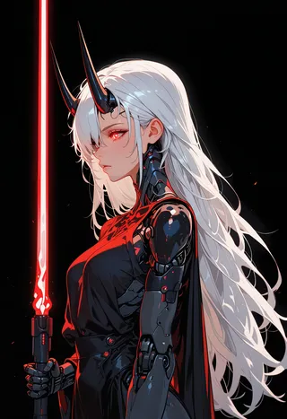Side view of a cyborg girl with long white hair, glowing red eyes, black horns, and robot joints, holding a red lightsaber against a black background.