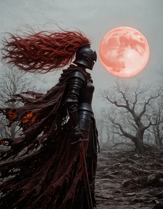 A warrior clad in dark armor with a smooth helmet stands in profile in a desolate, leafless forest under a large blood-red moon, with flowing vibrant red hair and embers drifting around.