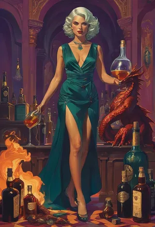 A vintage-style digitally colored illustration featuring a woman in a green dress holding a whiskey glass, accompanied by a red dragon and surrounded by whiskey bottles in a dramatic bar setting.