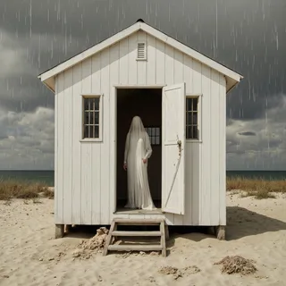 Ethereal ghostly female figure standing in the doorway of a white beach hut on a sandy beach during rain under a cloudy, apocalyptic sky
