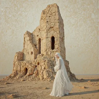 An ethereal female ghost in a long white flowing dress stands beside a crumbling sandy brown ruined tower in a desolate landscape with an expressionist marbled ebru style background.