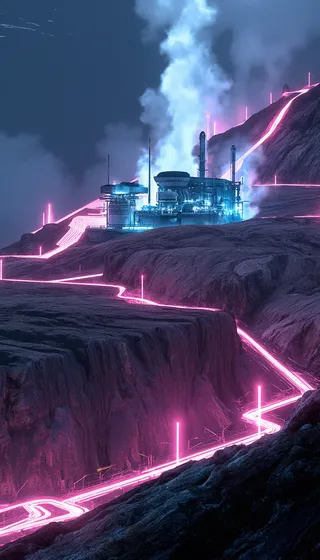 Photorealistic geothermal power station in a rugged mountainous landscape with steam rising from geysers, illuminated by vibrant pink neon light trails.
