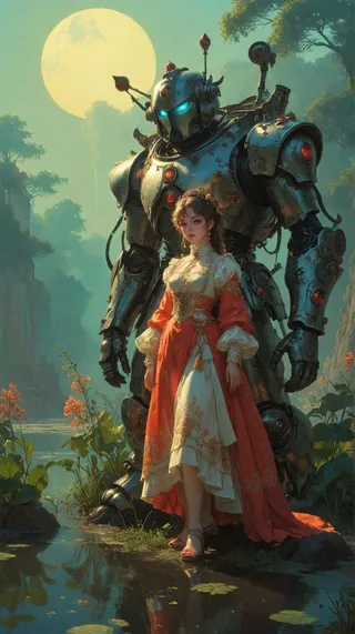 A glamorous Baroque-style anime artwork featuring a young woman in a detailed orange and cream dress standing beside a towering giant robot with glowing blue eyes, set in a misty rural Wisconsin landscape at sunset.